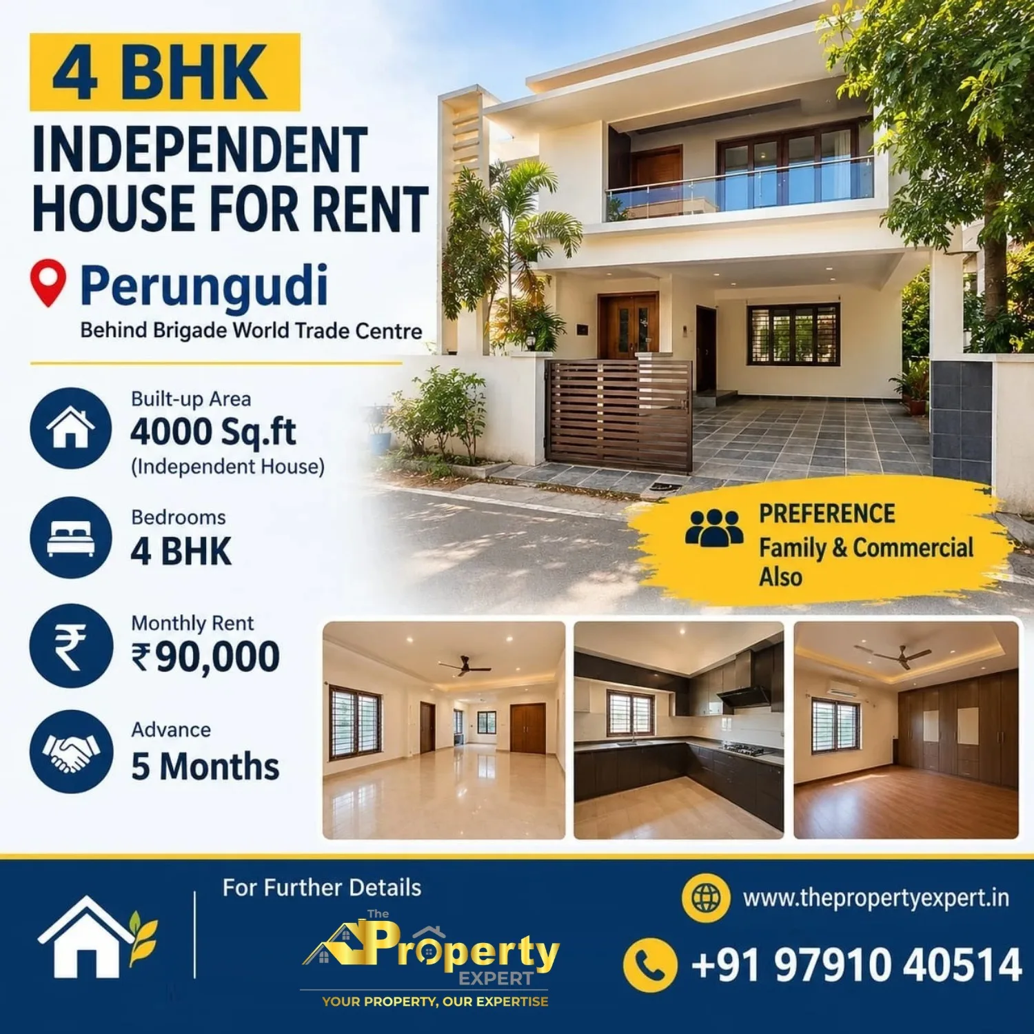 4 BHK Independent House for Rent, behind Brigade World Trade Centre — photo 1